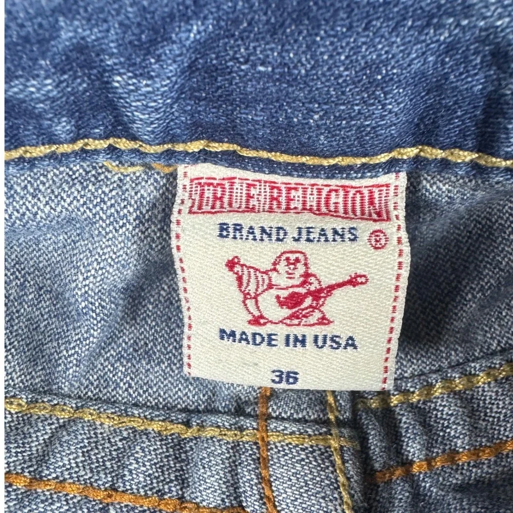 True Religion Billy Jeans Men 36 Blue Distressed Embroidered Mask USA Streetwear